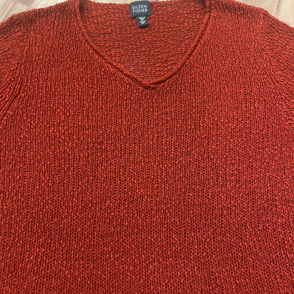 Eileen Fisher Rust Orange Slub Knit V-Neck Pullover Sweater - Relaxed Fit Sz M - Picture 4 of 6